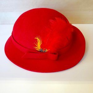 Vintage Geo. W. Bollman Doeskin Felt Wool Red Hat Yellow Feathers